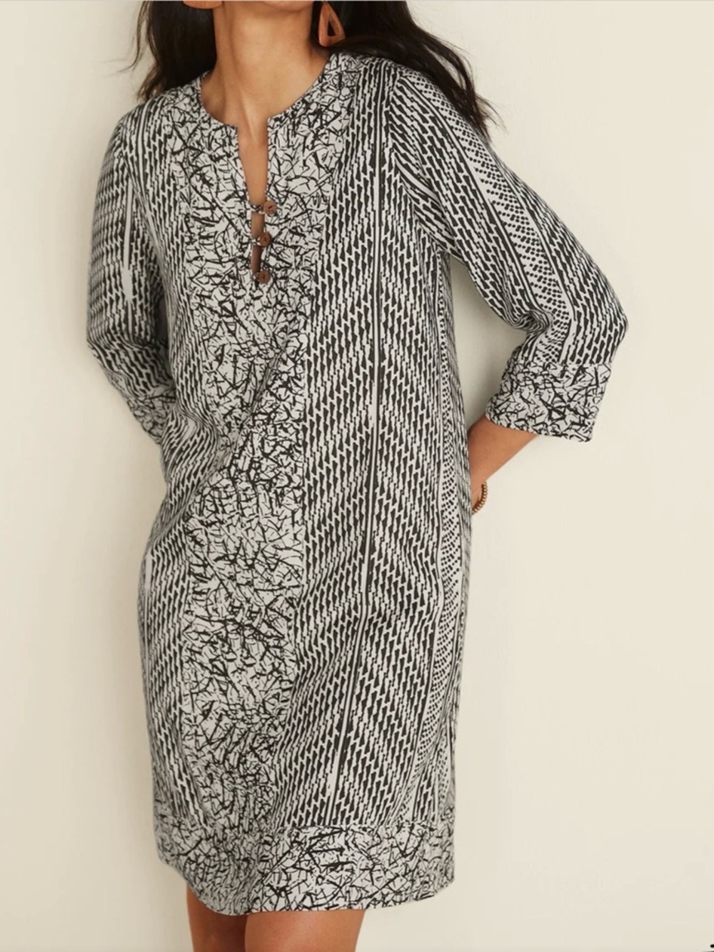 Soft Surroundings Black & Cream Mixed Print Raven Dress Size L | Boho Artsy - Picture 10 of 11